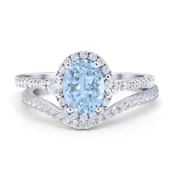 Oval Two Piece Halo Bridal Set Ring Simulated Aquamarine CZ 925 Sterling Silver